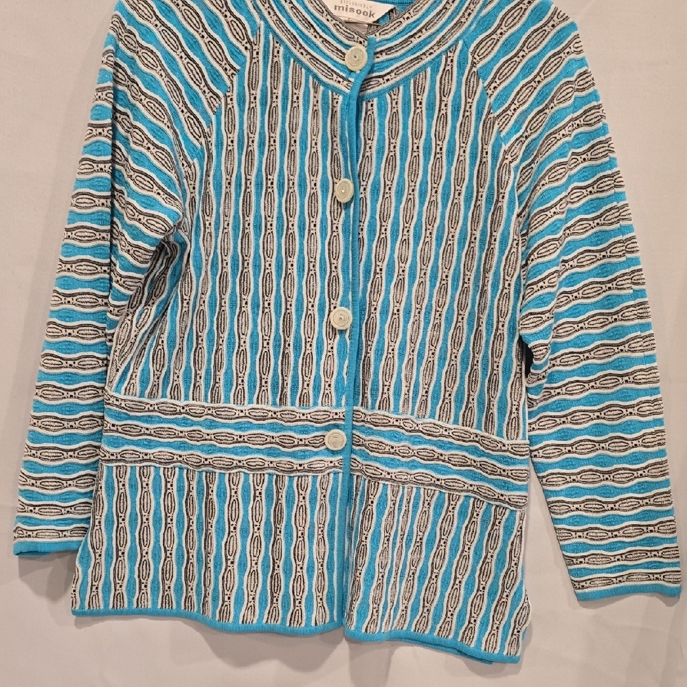 Misook Turquoise And White Patterned Cardigan - image 2
